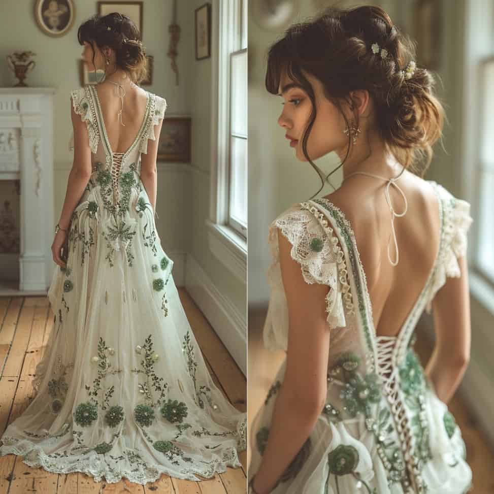 bride in green and white gown