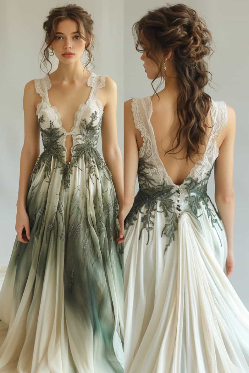 bride wearing a white and olive green gown