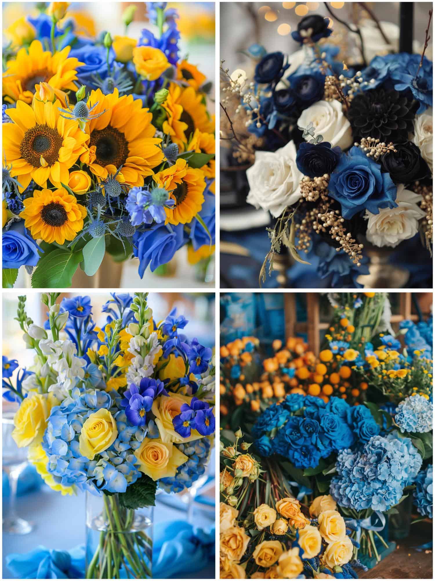 floral arrangements with blue and yellow details