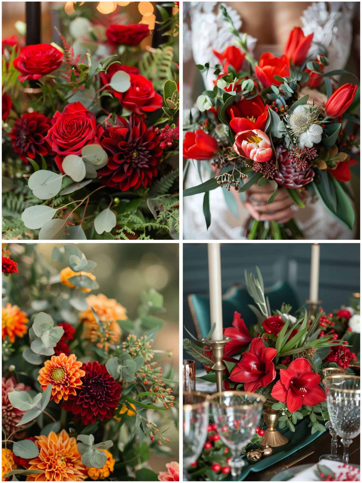 floral arrangements with red and green details