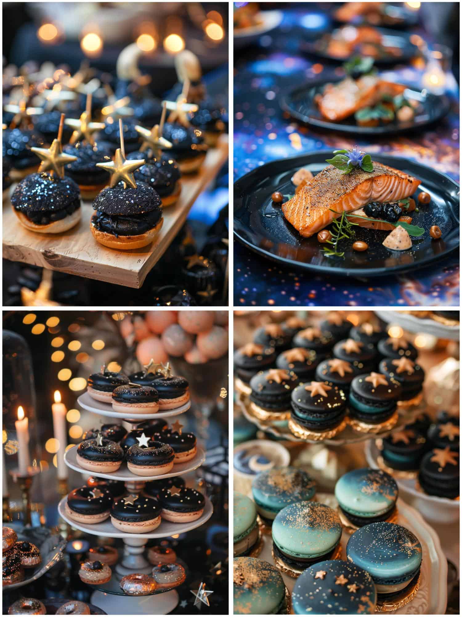 food and dessert for a galaxy-themed wedding