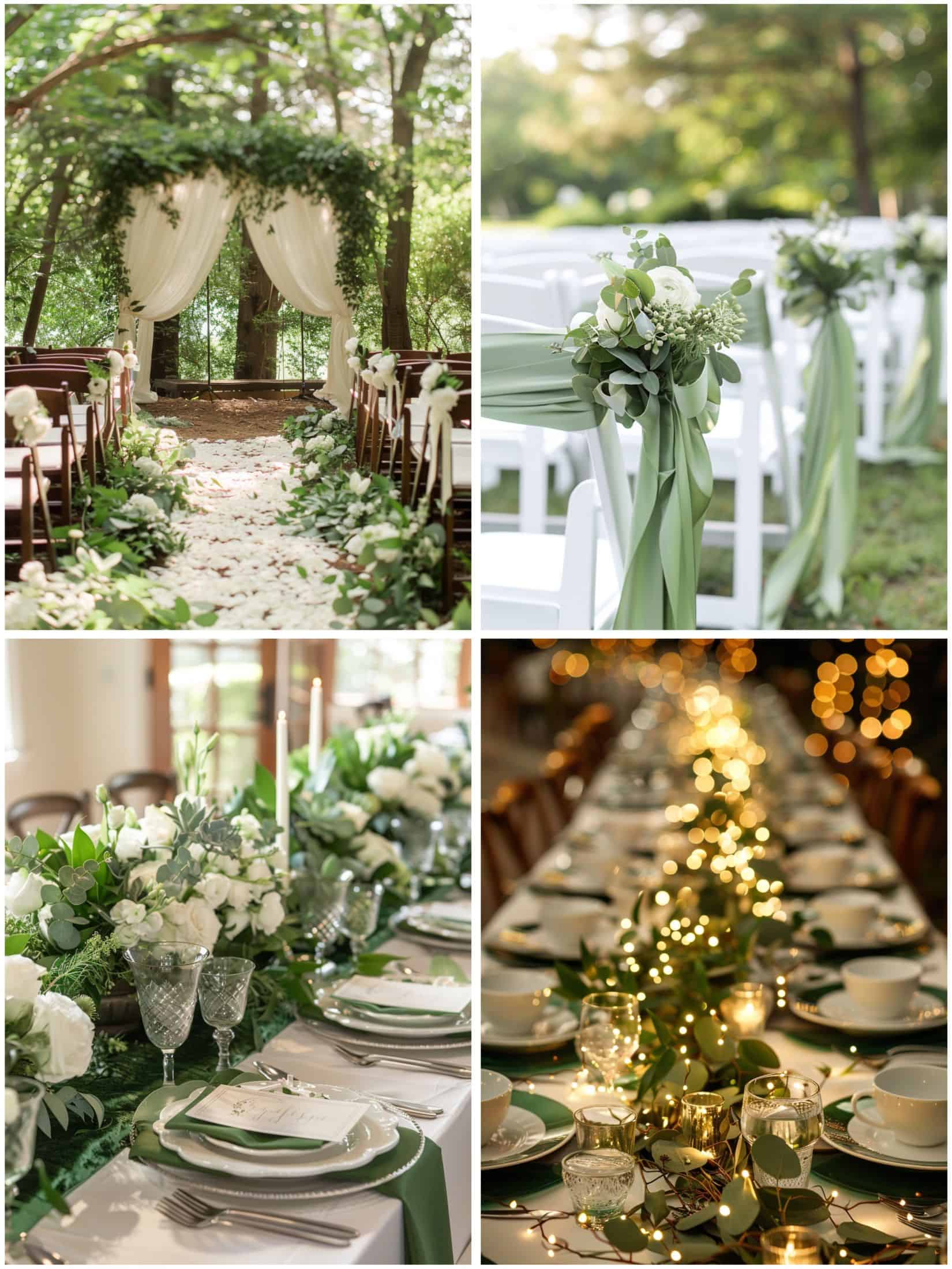 green and white ceremony and reception decor