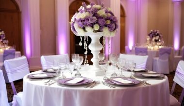 light purple and white wedding reception tablescape