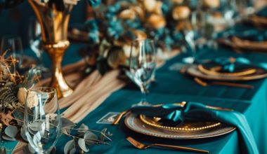 luxurious teal and gold wedding tablescape