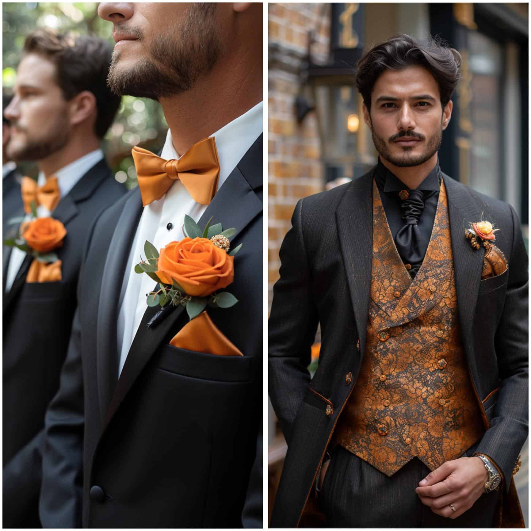 men in burnt orange and gold wedding attire