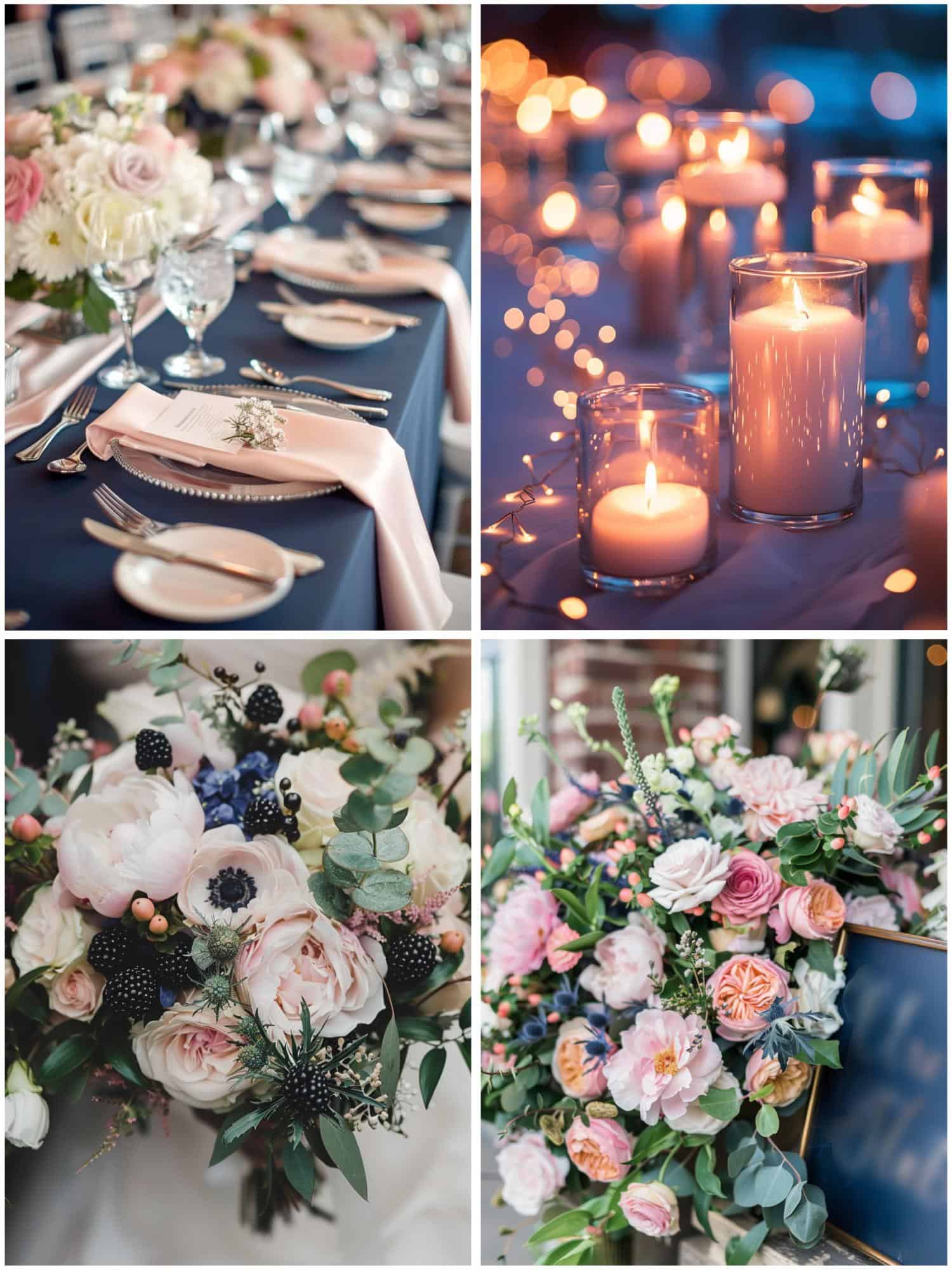 navy blue and blush pink wedding theme ideas for flowers and decor