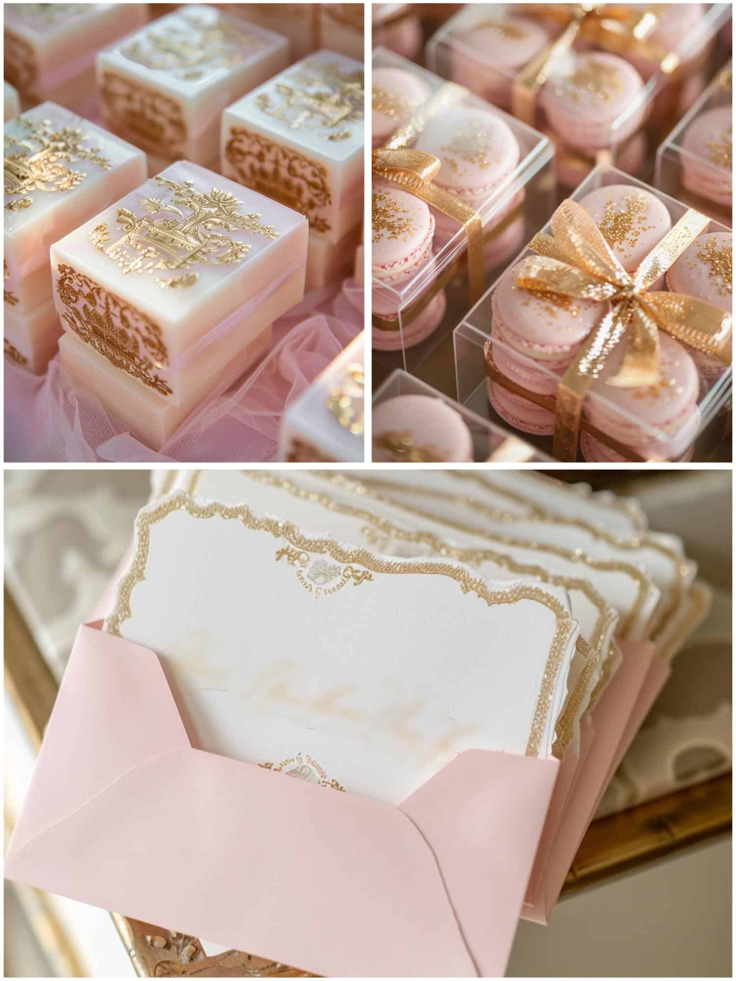 pink and gold wedding favors