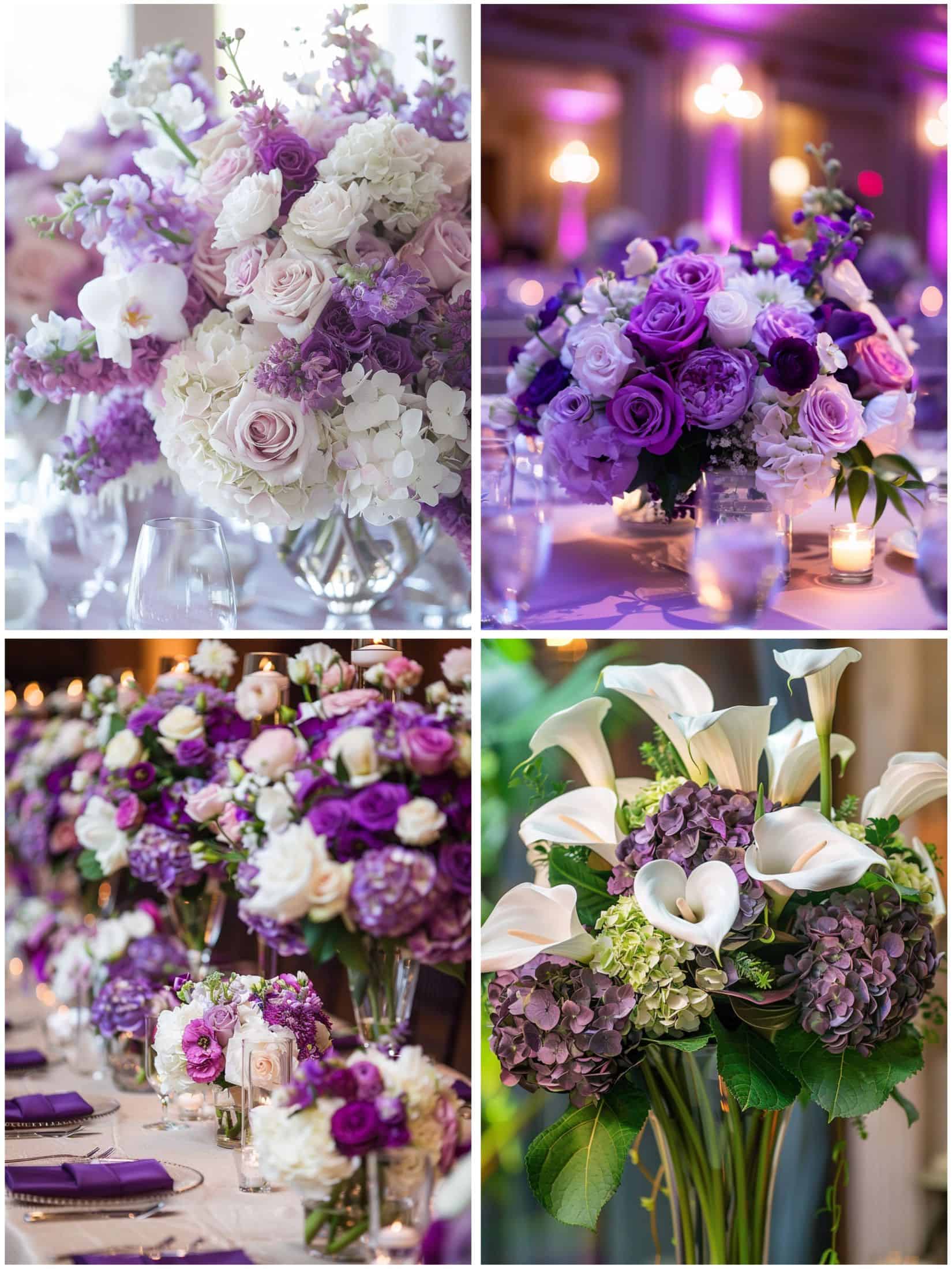 purple and white floral arrangements