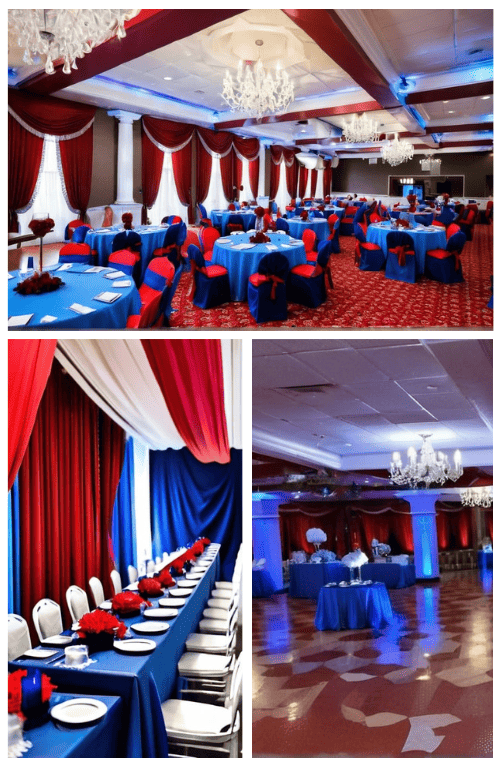 red and blue wedding reception decor