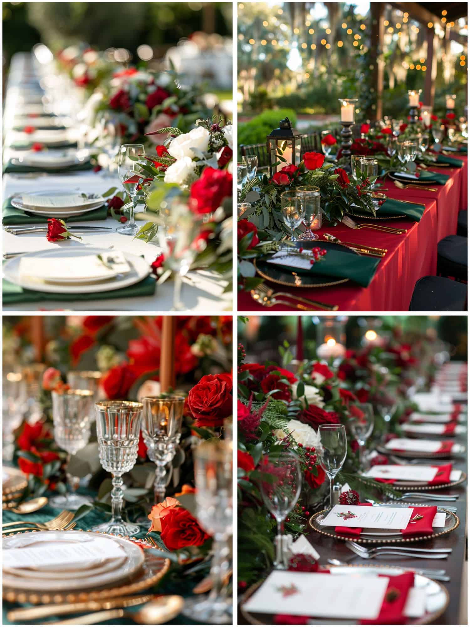 red and green-themed reception tablescapes