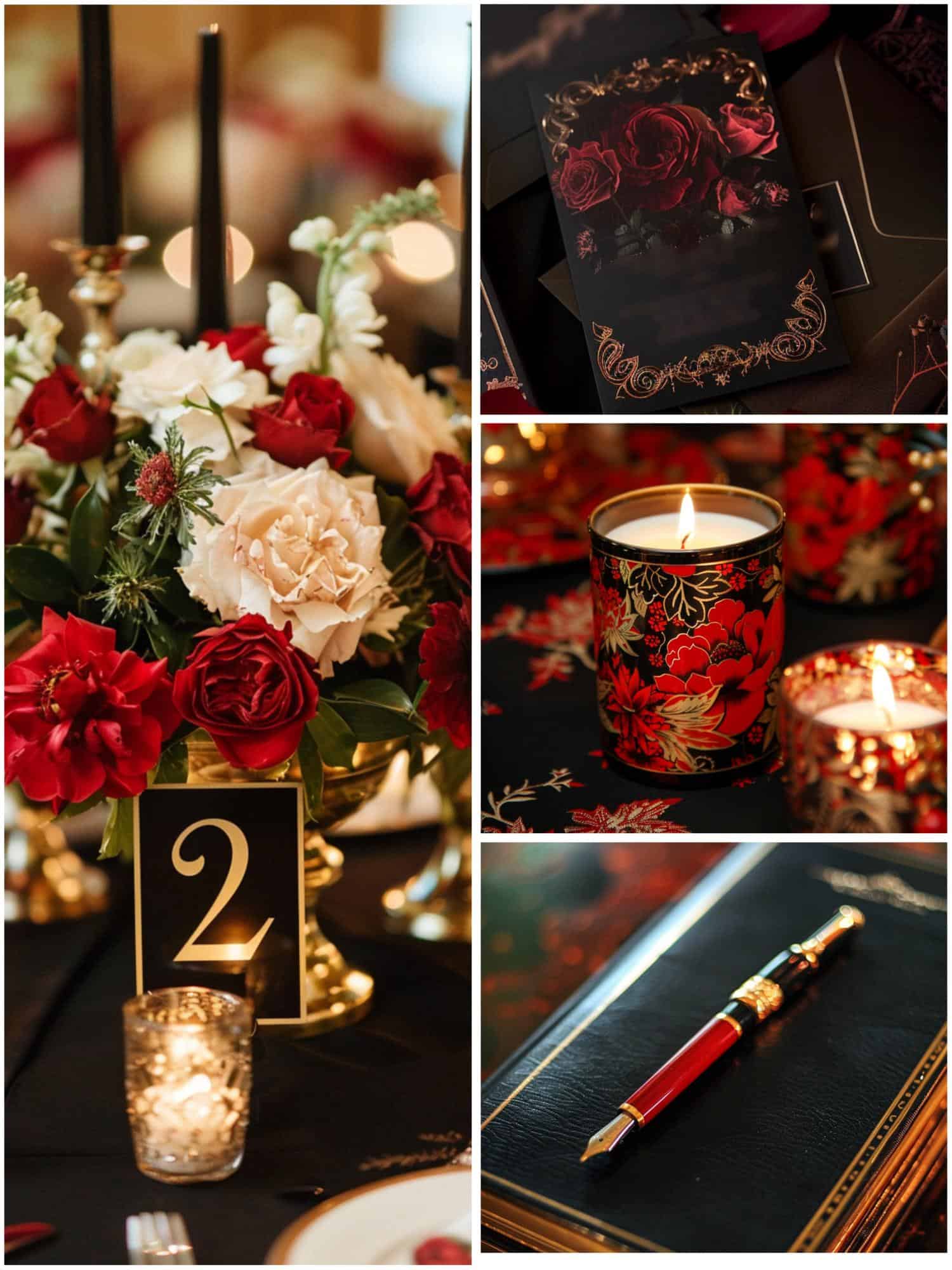 red black and gold wedding theme details
