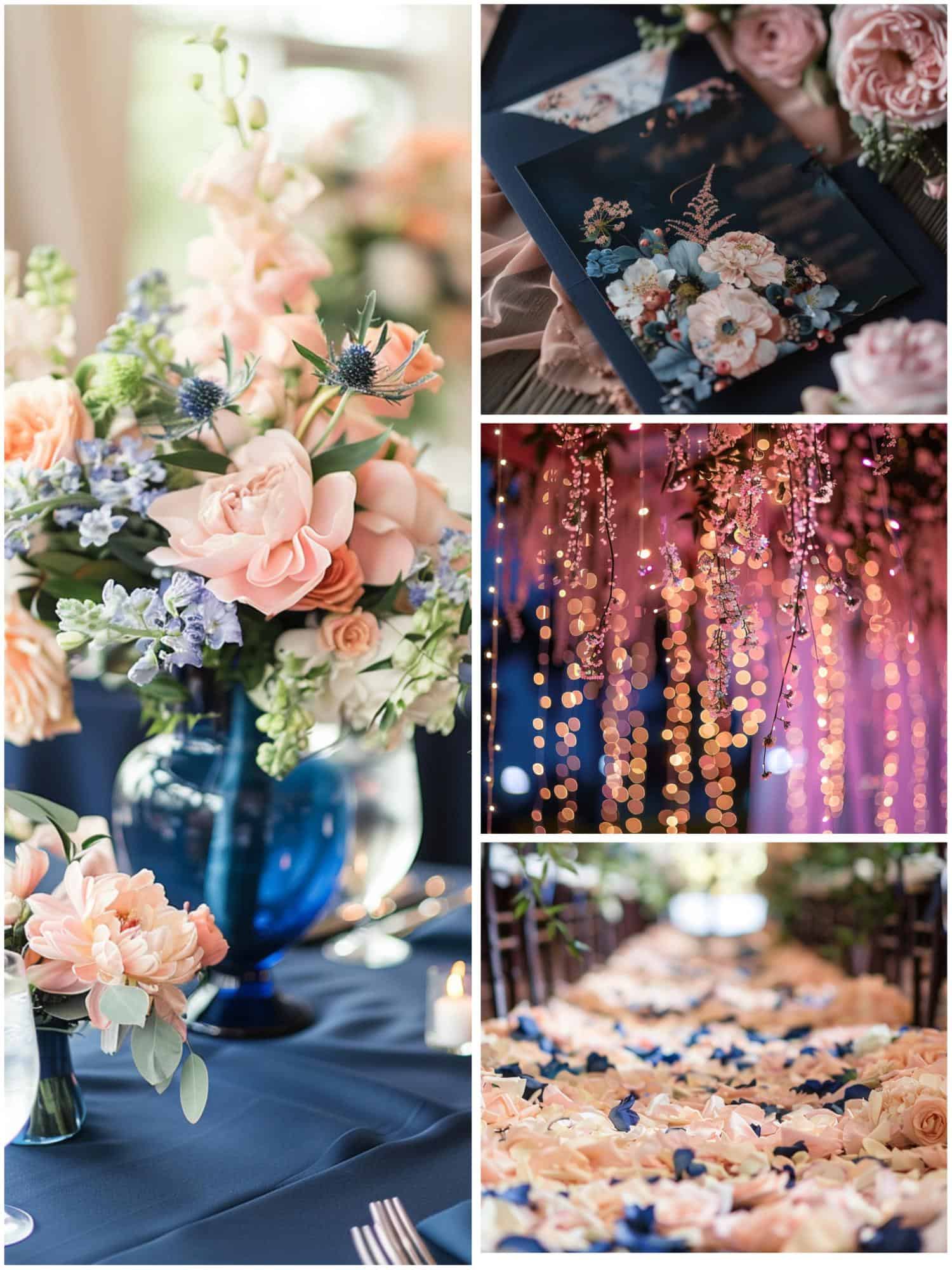 romantic navy blue and blush pink wedding atmosphere
