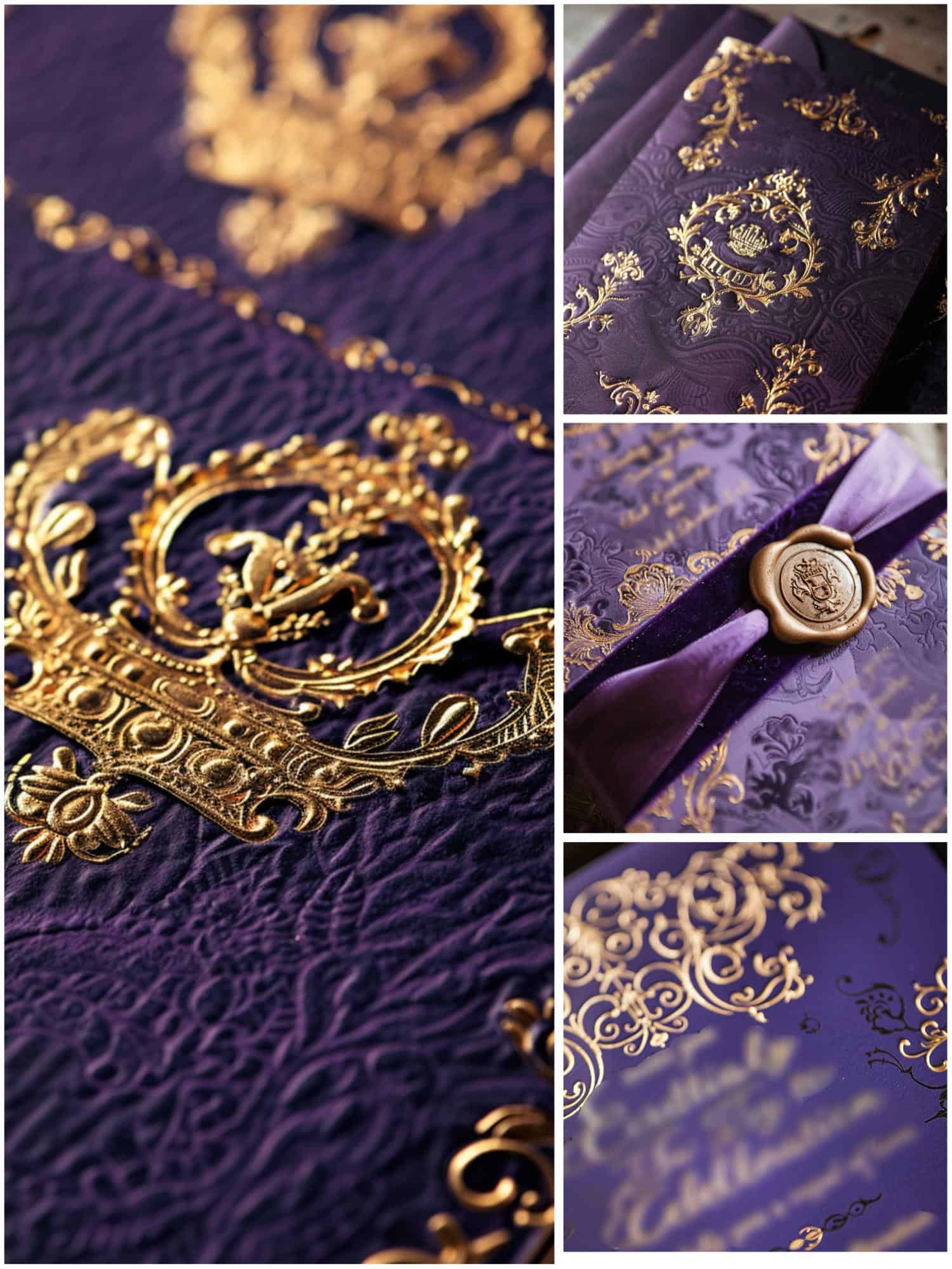 royal purple and gold wedding invitations