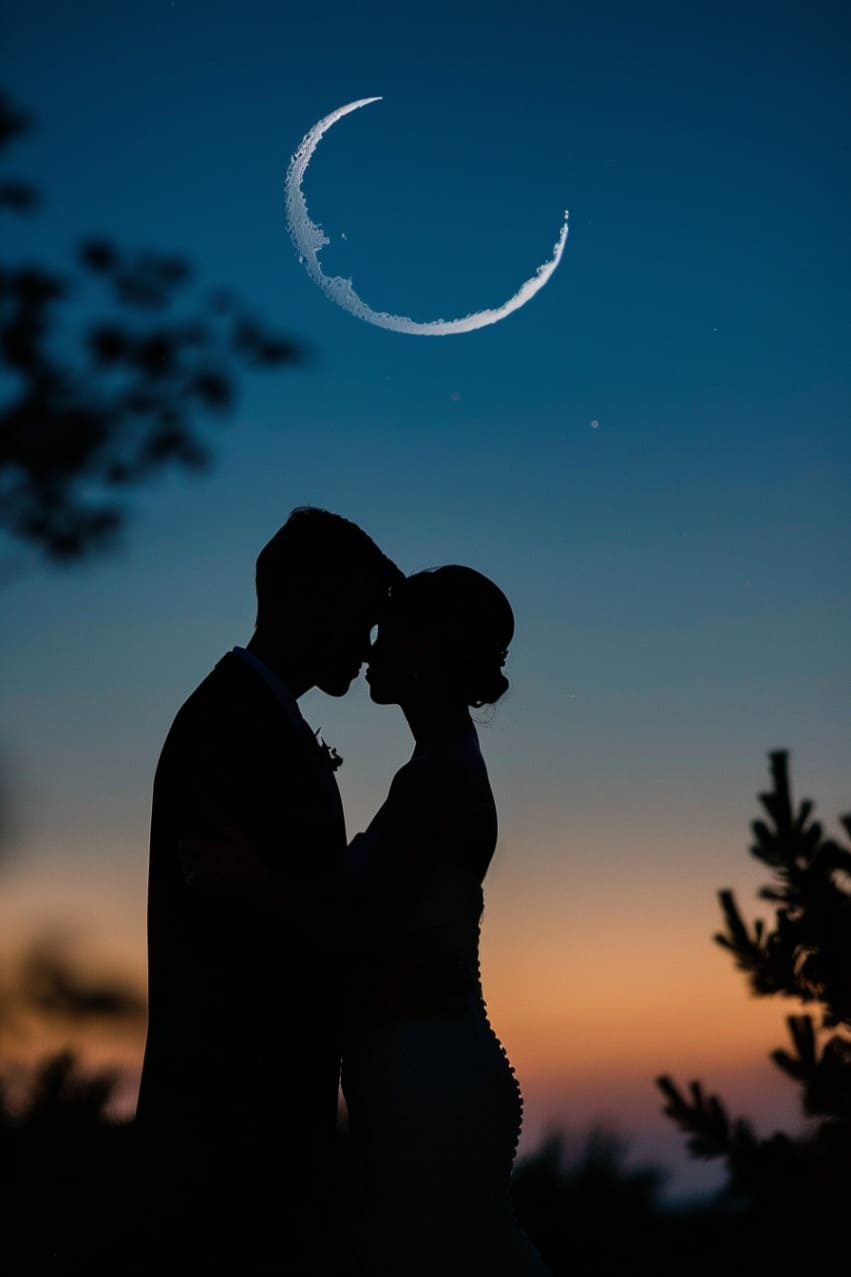 silhouette of couple kissing under moon