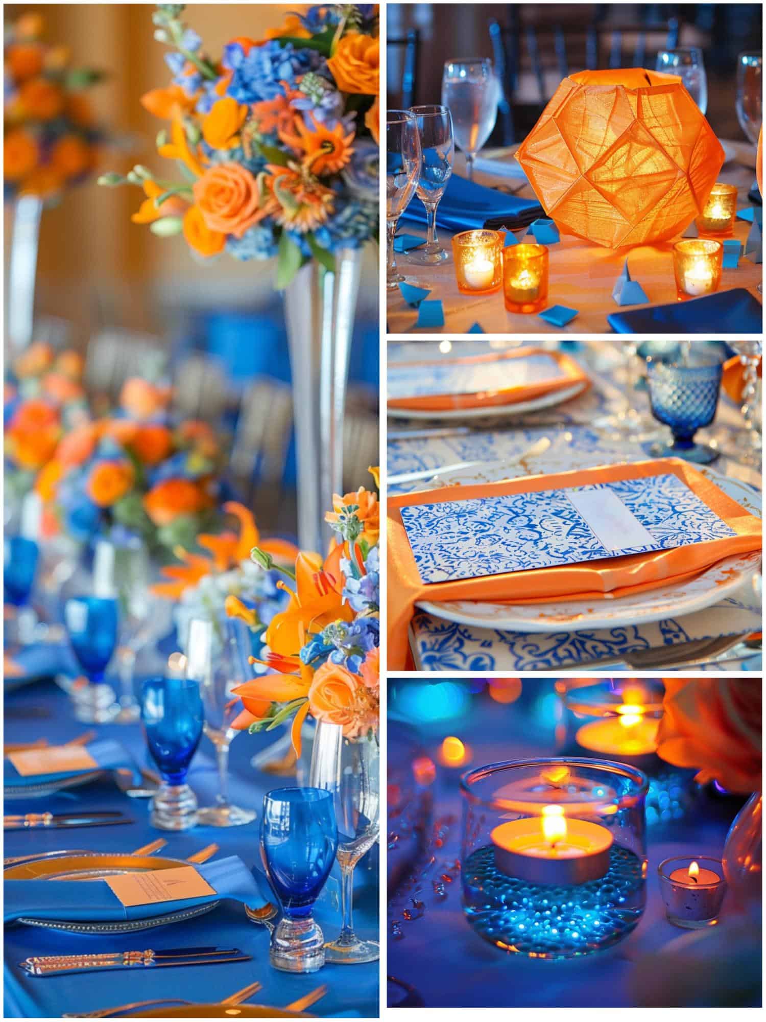 table settings and centerpieces in blue and orange