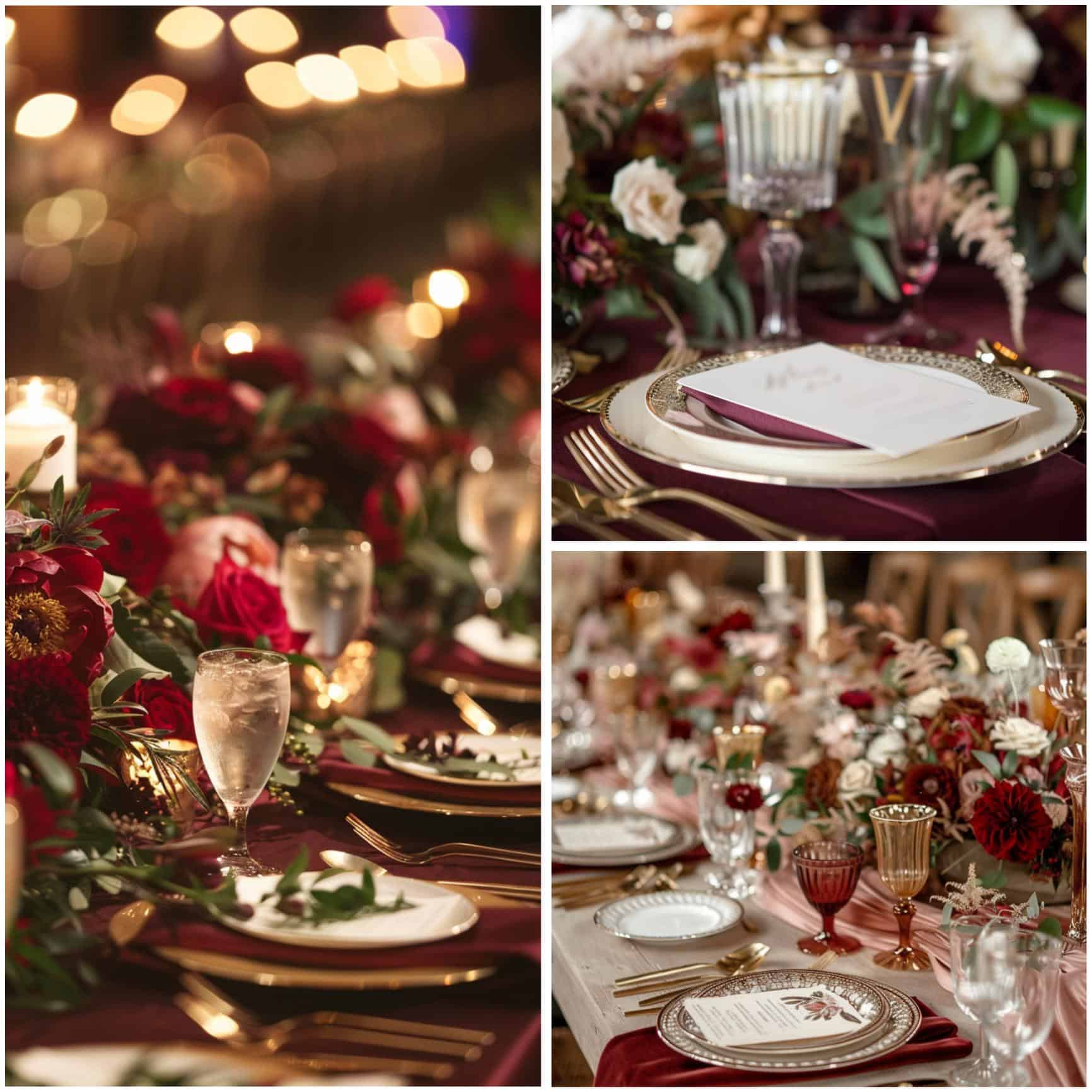 table settings for a maroon-themed wedding reception