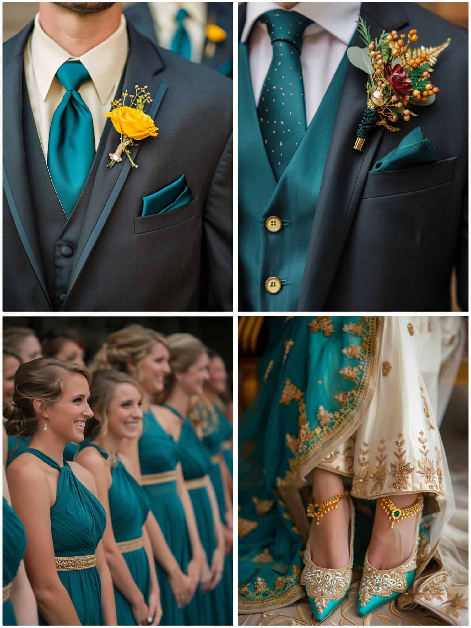teal and gold attire for the wedding party