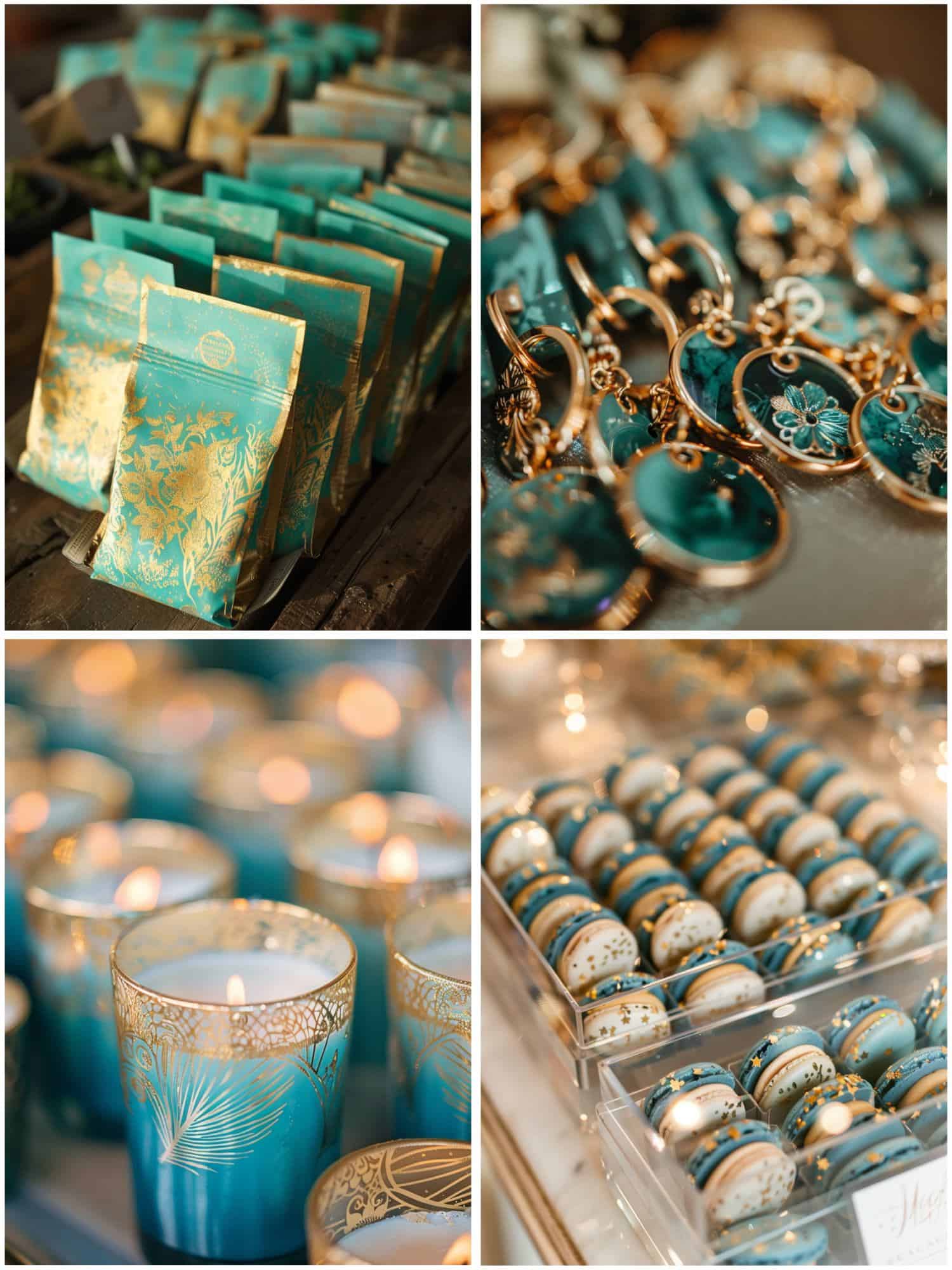 teal and gold wedding favors