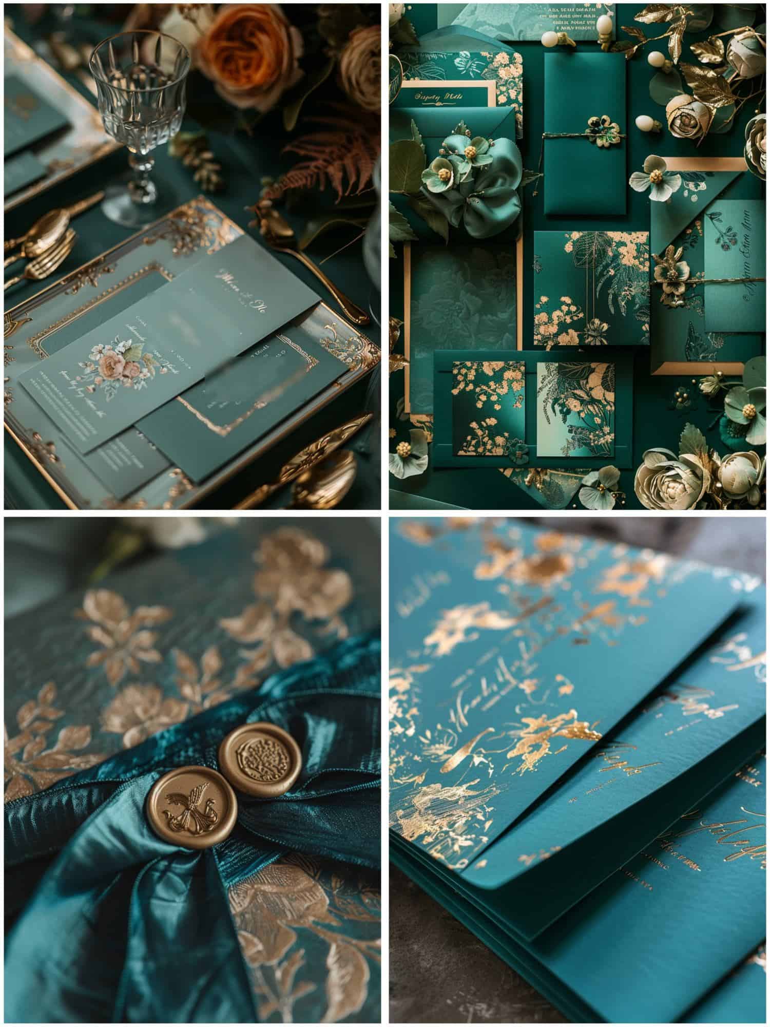 teal and gold wedding invitation suites