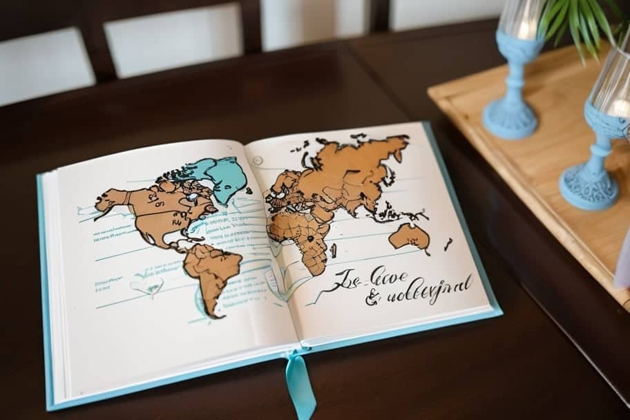 travel-themed guest book at a wedding