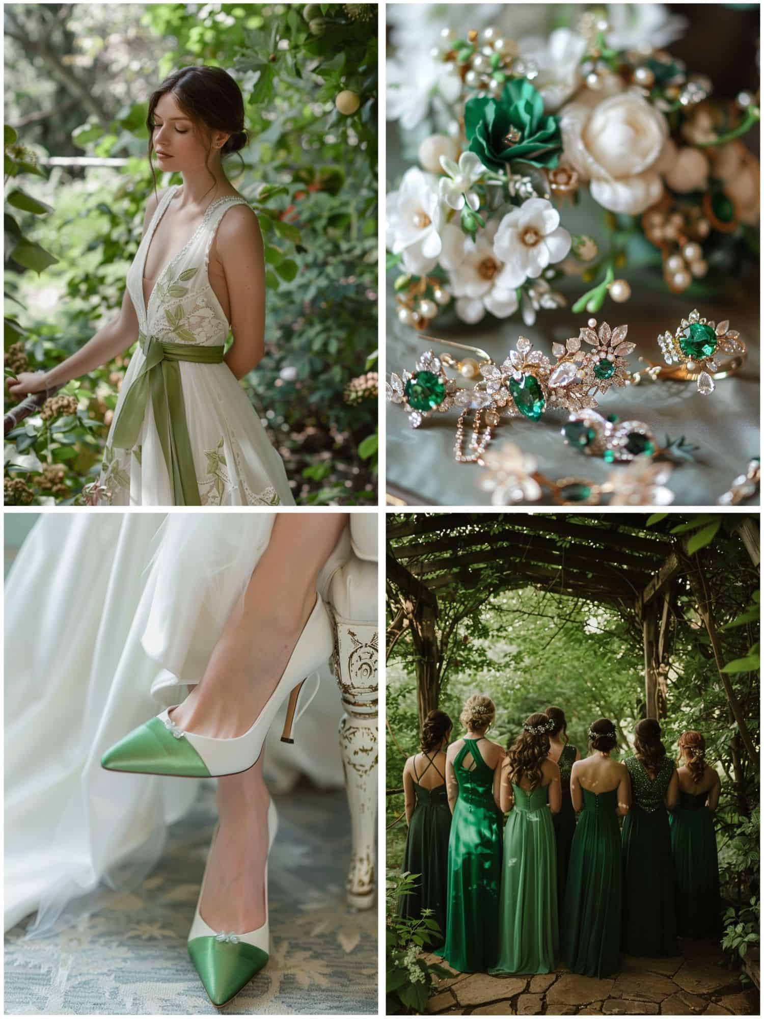 wedding attire in green and white