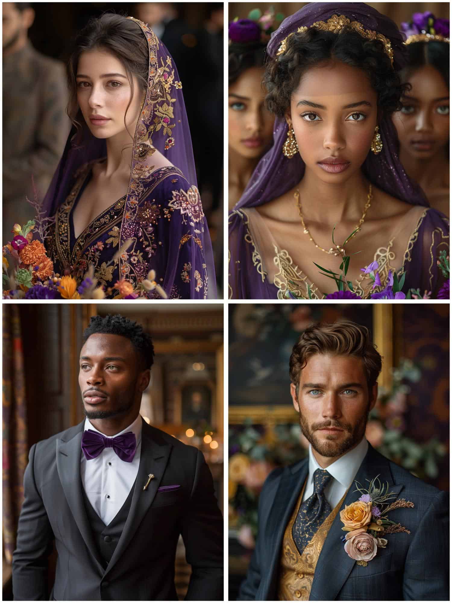 wedding attire in royal purple and gold