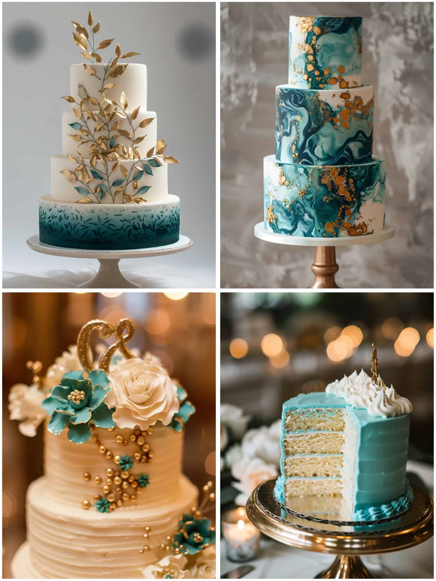 wedding cakes in teal and gold