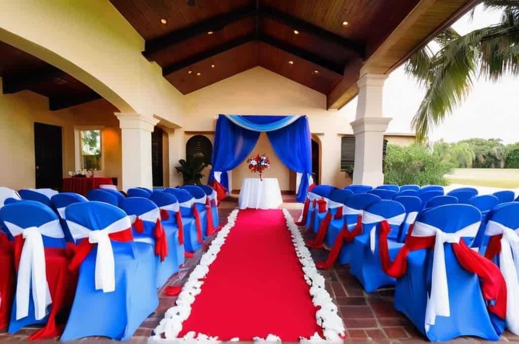 wedding ceremony venue with blue and red decor