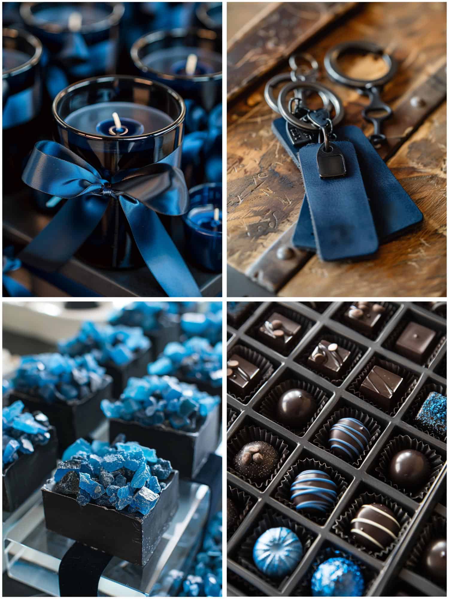 wedding favors in black and blue