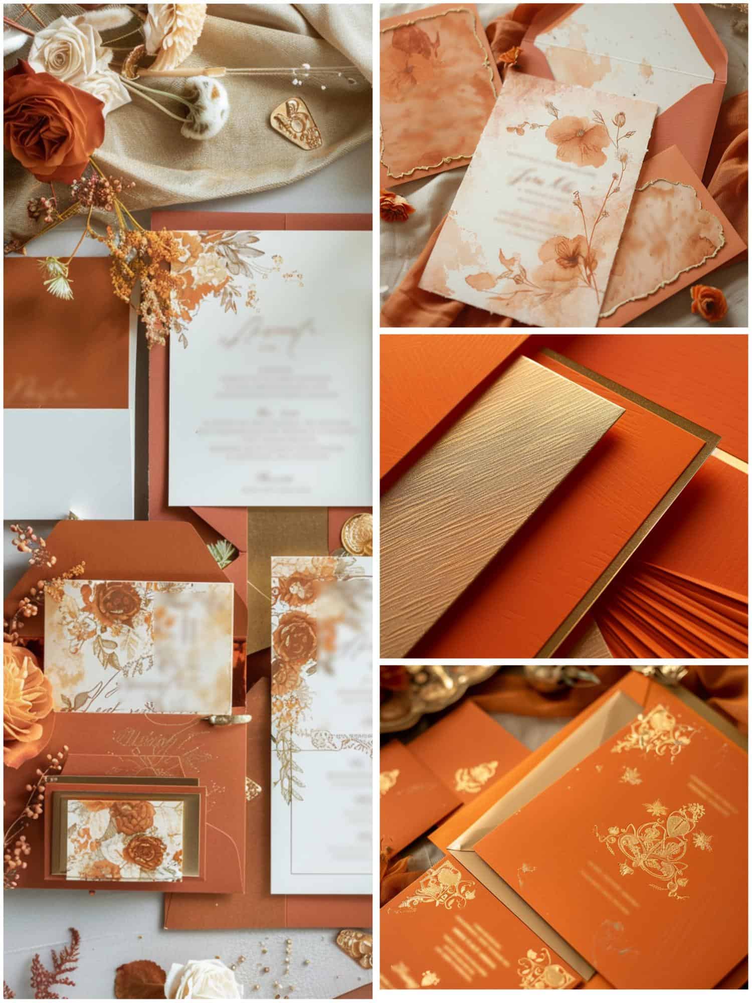 wedding stationery in burnt orange and gold