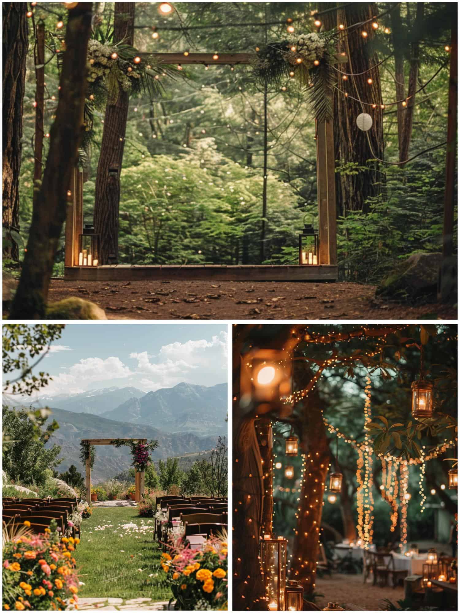 wedding venues surrounded by trees and mountains