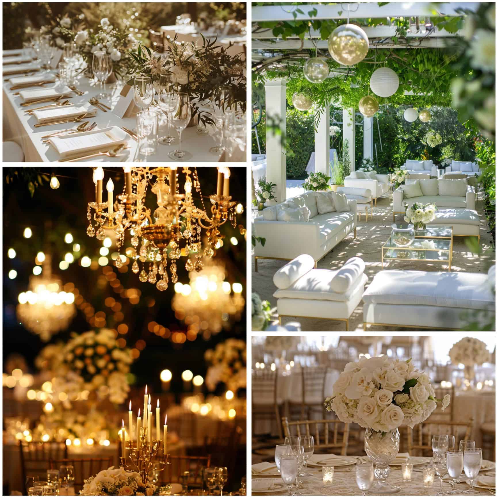 white and gold wedding theme ideas for daytime and nighttime