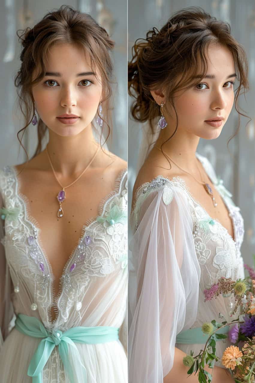 bridal attire with purple and green details