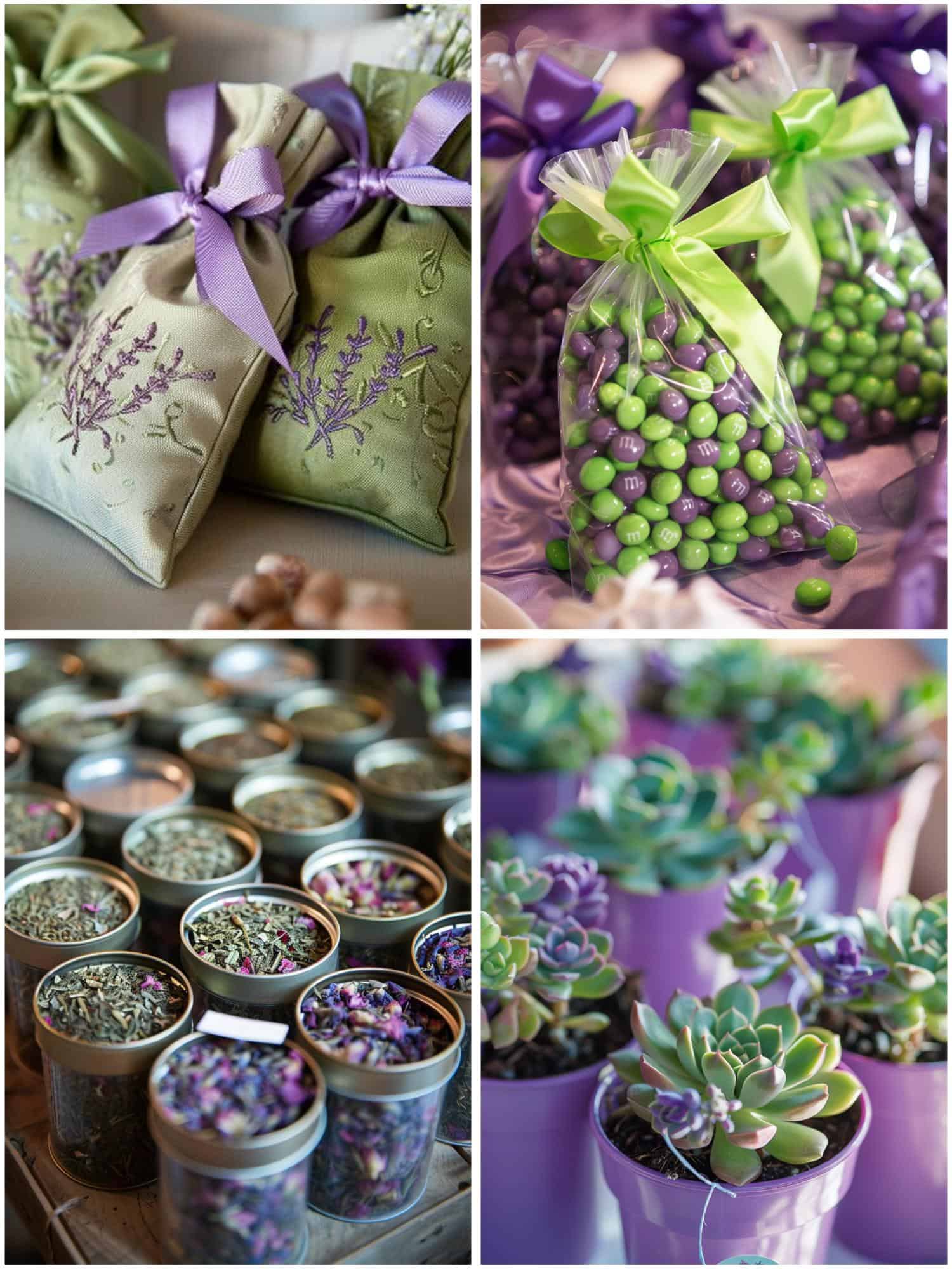 green and purple wedding favors