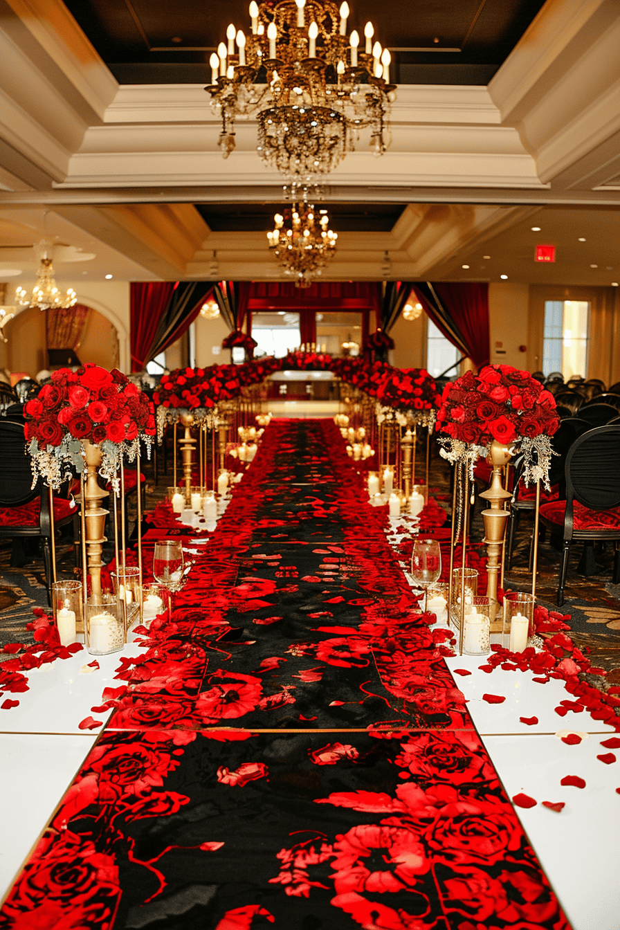 black, red and gold wedding aisle