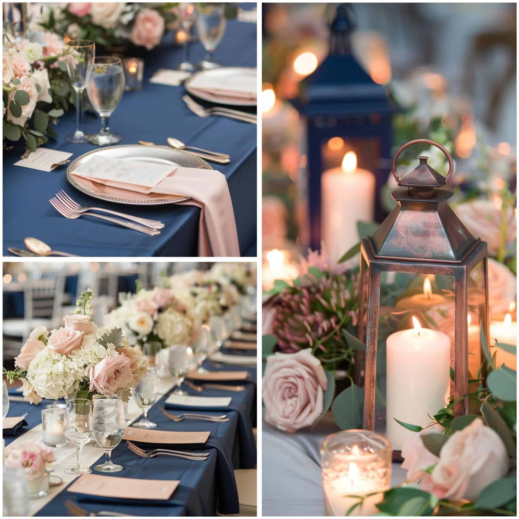 dusty rose and navy blue wedding theme ideas for tablescapes