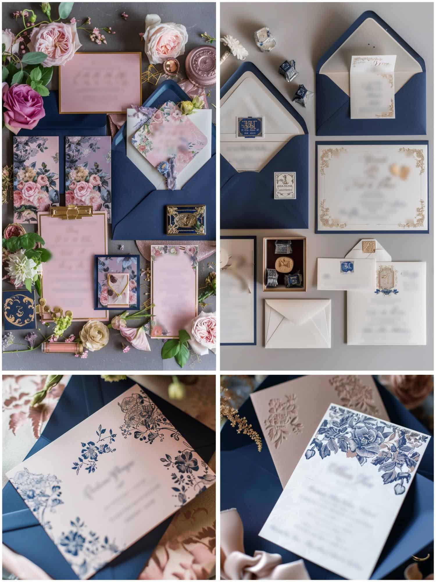 navy blue and dusty rose wedding stationery