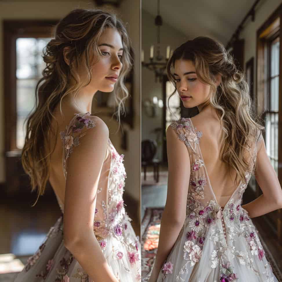 bridal gown with purple and pink flowers